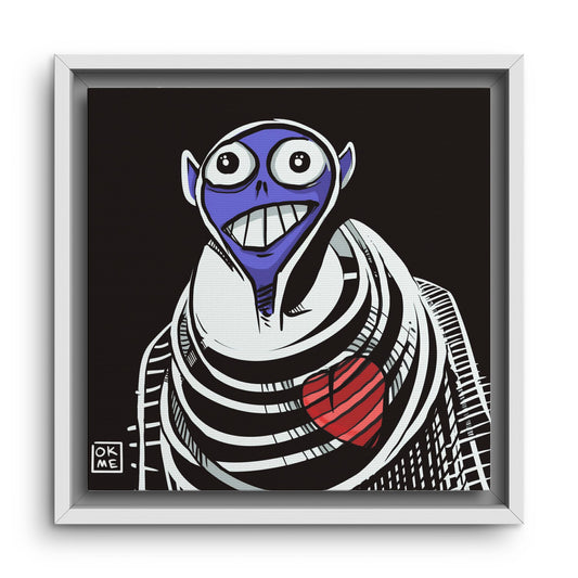 Von Shucks canvas, 12″, white frame, front view